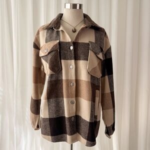 Plaid Fleece Shacket Brown Cream Button Up Cozy Oversized Jacket Women's Small